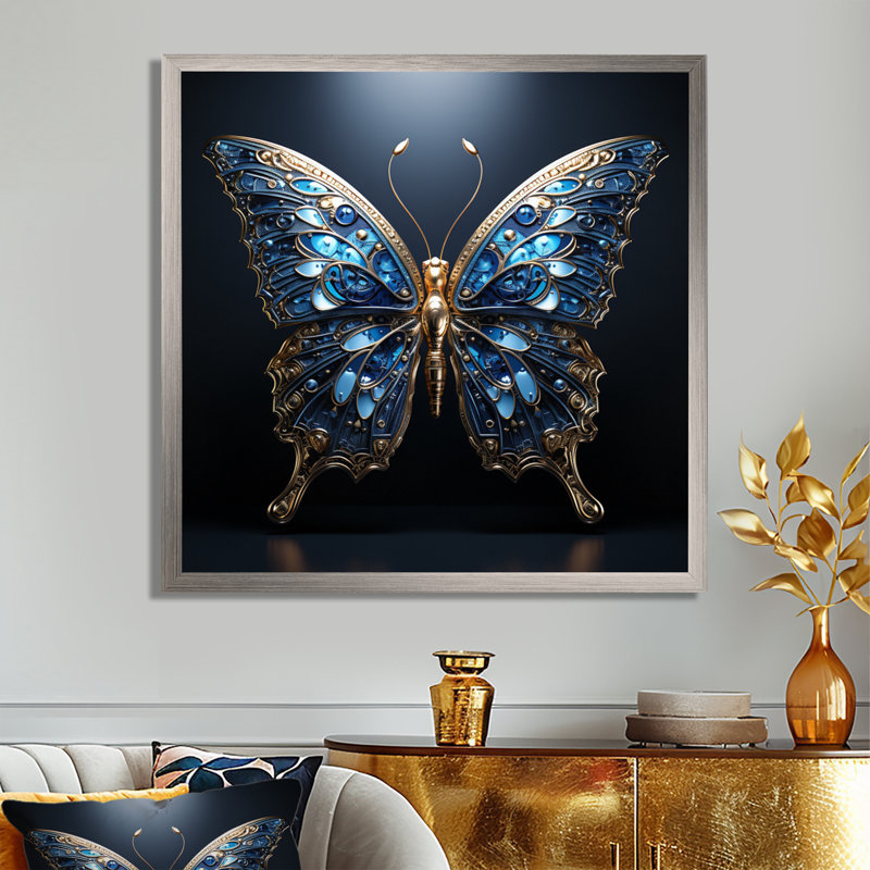 «Butterfly Watery Blues I», reproduction sur toile, Cadre simple argenté, H 36 po x l 36 po x P 1,5 po