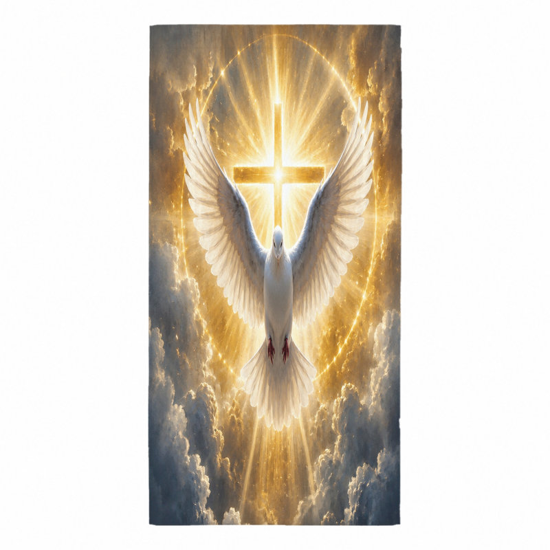 Serviette de plage 1 pièce Dove avec croix, avec des ailes déployées d'un blanc sacré et un doré radieux entouré de nuages célestes. Cette microfibre est parfaite pour la natation, les voyages et les voyages unisexes.