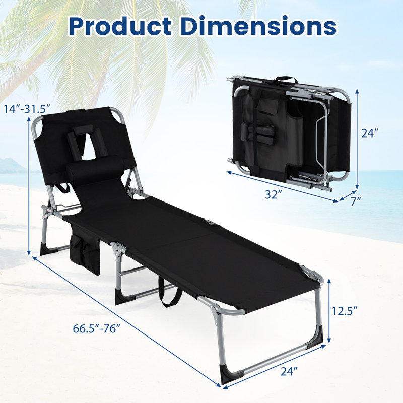 Fauteuil de bronzage avec dossier réglable à 4 positions, trous pour les accoudoirs et poche de rangement noir, Noir