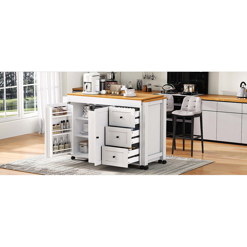 74.8" Kitchen Island With Extendable Dining Table, Kitchen Storage Cart With 3 Drawers, Power Outlet, Rolling Kitchen Island On Wheels With Spice Rack And 2 Door Cabinet