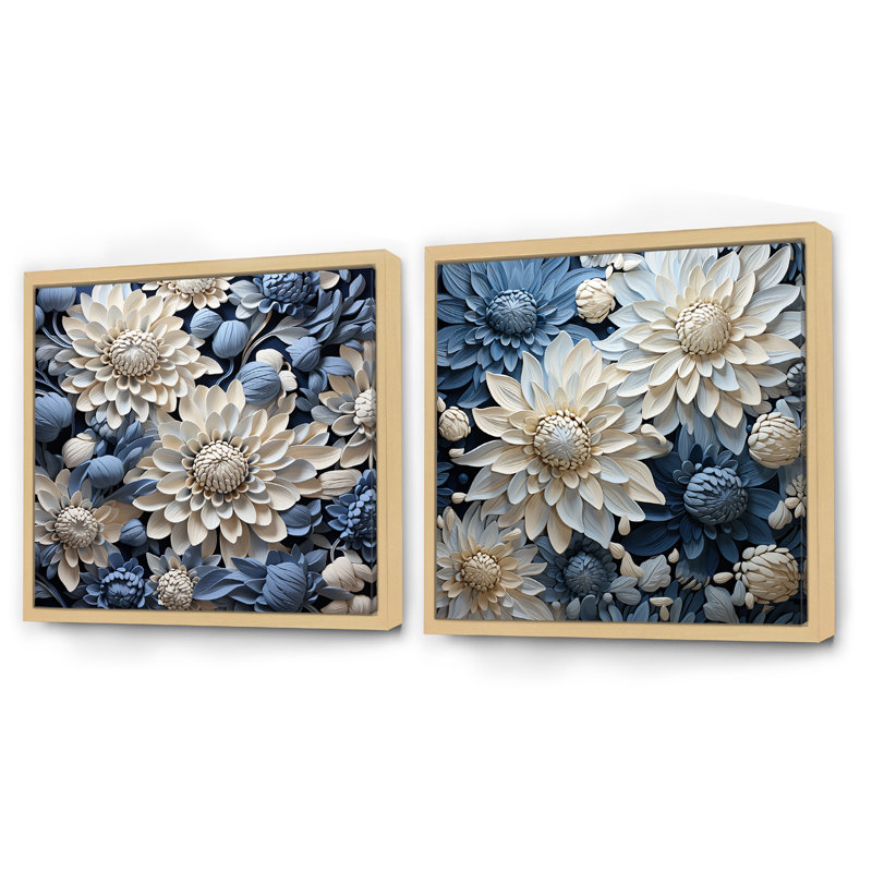 Pure White And Blue Chrysanthemums Beauty - Chrysanthemums Square Collage Set Of 2, Brown Floater Framed, 36" H x 73" W