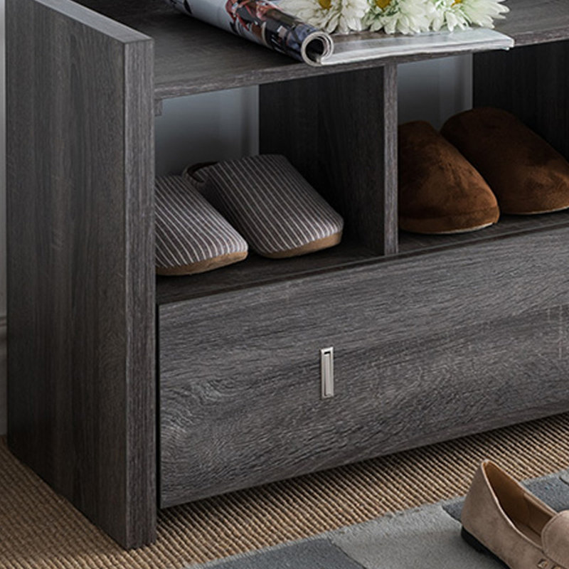 Shoe Entry Bench with Three Shelves, One Drawer with Divided Compartment, Gray
