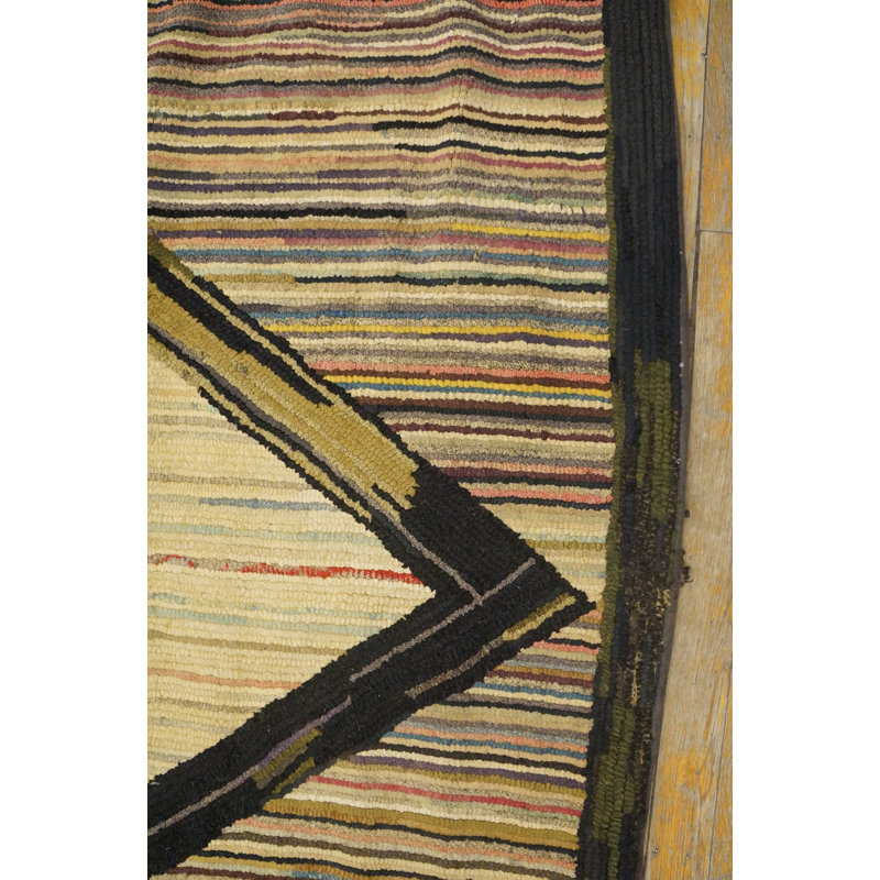 Ivory Diamon and Colorful Stripes Antique American Geometric Folk Art Hooked Rug