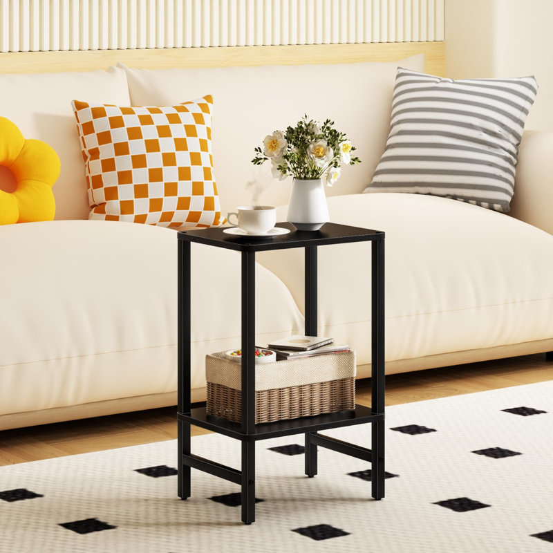 Table d'appoint étroite à 2 niveaux, tables de bout industrielles pour petits espaces, Black, 1