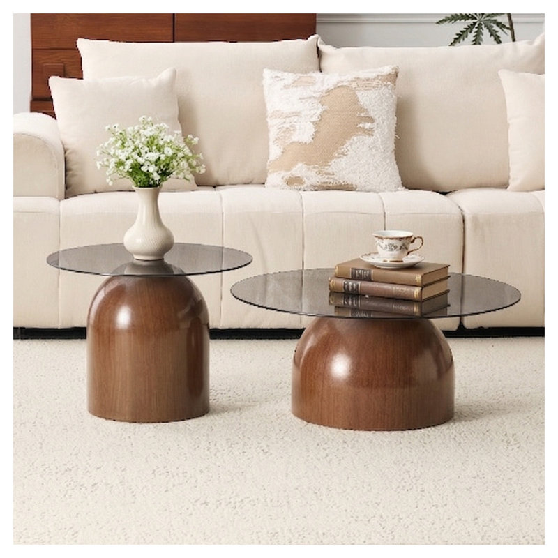 Ensemble de 2 tables basses gigognes avec plateau en verre et base en métal au fini noyer, tables centrales rondes pour le salon
