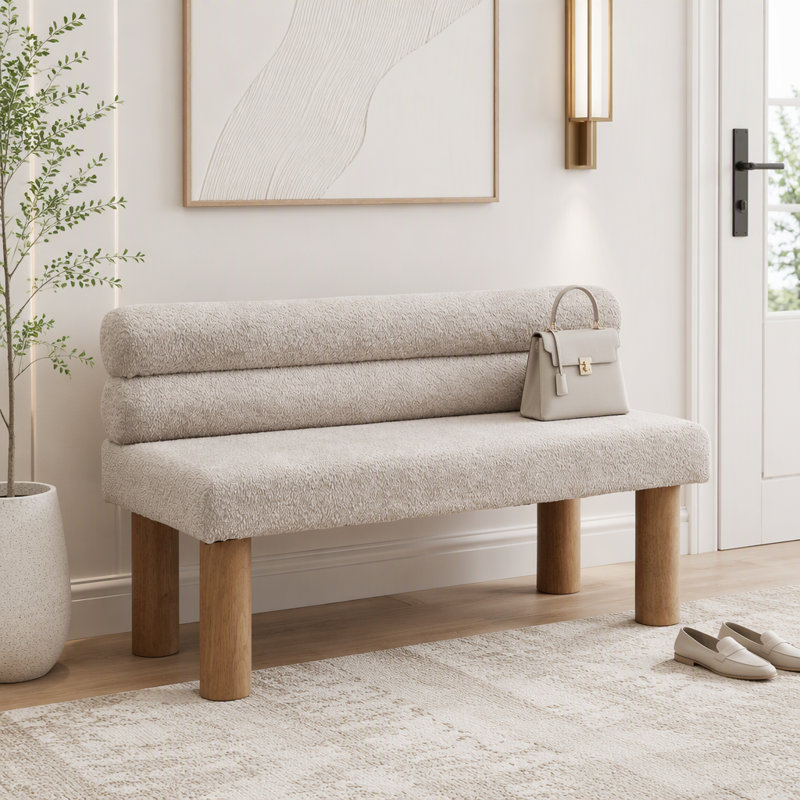 Fabric Upholstered Bench, Light Grey,Natural