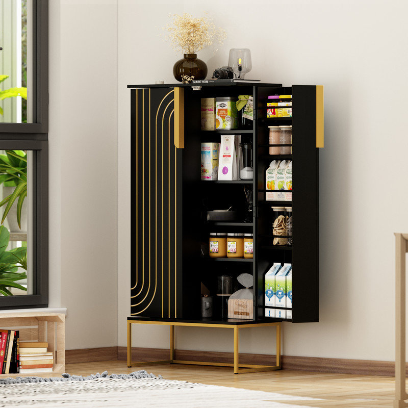 Tifaine 46.5" Kitchen Pantry with Adjustable Shelves, Black/Gold
