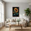 Art mural tournesol doré avec feuilles bleu sarcelle et bourgeons sur toile noire-132735813