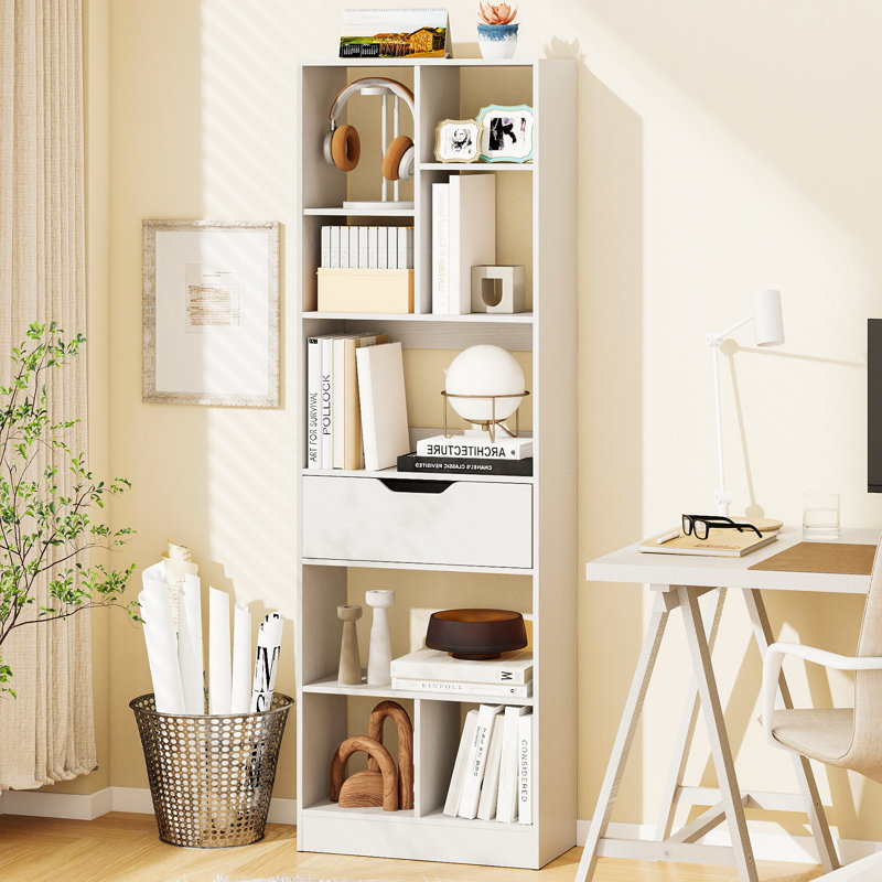 Bookcase w/Drawer, Multifunctional Open Bookshelf, Storage Organizer, White