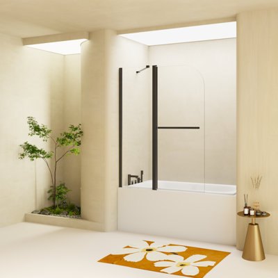 43"w X 58"h Frameless Folding Bathtub Door, 1/4" (6mm) Tempered Glass With Safety Corners, 90° Pivot Opening, Fixed And Movable Panels, Reversible Installation, Waterproof Design, Matte Black