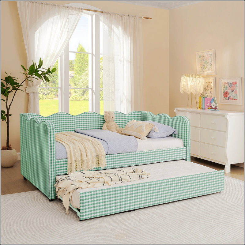 Lit de jour en vichy douillet avec couchette, canapé-lit simple, aucun sommier nécessaire, port USB, forme de vague adorable, tissu en lin