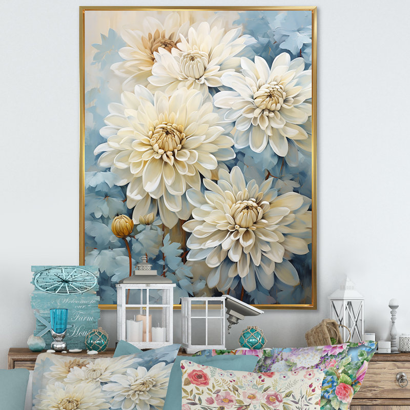 Minimalisme «Blooming Mums» en bleu et blanc iv sur toile, Cadre flottant doré, 40" H x 30" W