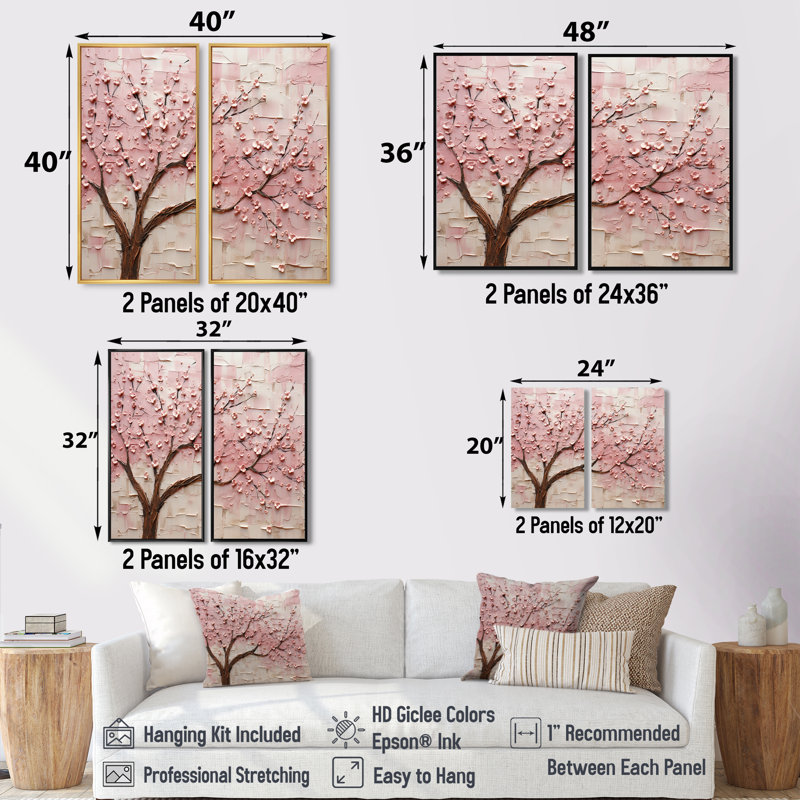 Cherry Blossom Whisper, rose et blanc - art mural traditionnel 2 pièces, 32" H x 32" W, Impression encadrée flottante, Black