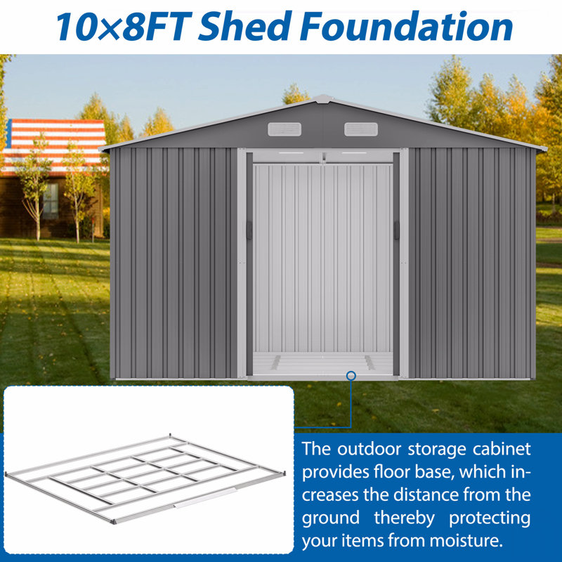 10X8 FT Outdoor Tool Storage Shed With Metal Foundation & Lockable Doors,  All Weather Metal Sheds, Black