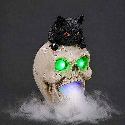 Décoration de crâne d'Halloween en résine lumineuse et chat noir avec yeux verts et brume multicolore