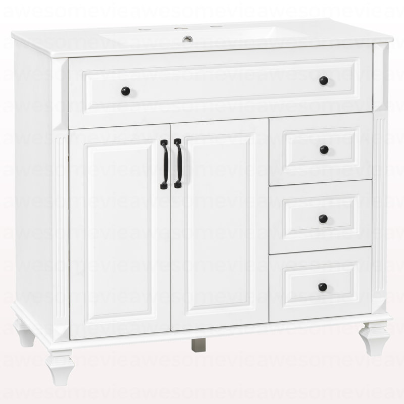 Meuble-lavabo de 36 po avec lavabo, armoire de salle de bain en bois massif blanc avec tiroir rabattable, 3 tiroirs et 2 portes, conception élégante avec poignées en métal noir, meuble-lavabo moderne en bois aggloméré pour le rangement de la salle de bain