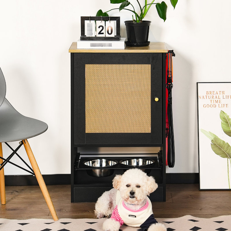 Station d'alimentation pour animaux avec 1 armoire de rangement et bols surélevés - noir