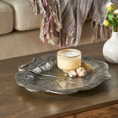 Vintage Metal Leaf Decorative Tray, Centerpiece Platter, Rustic Table Decor, Antique Gray