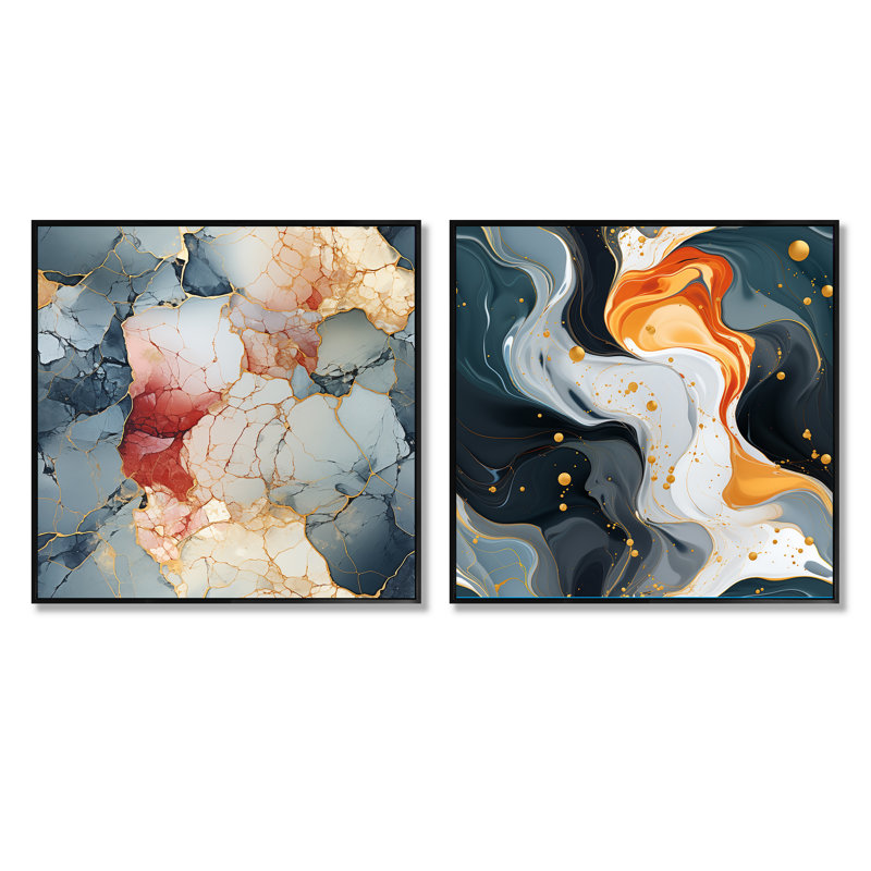 Lamorteau - Ensemble de 2 collages abstraits carrés, Cadre flottant noir, H 16 po x l 33 po