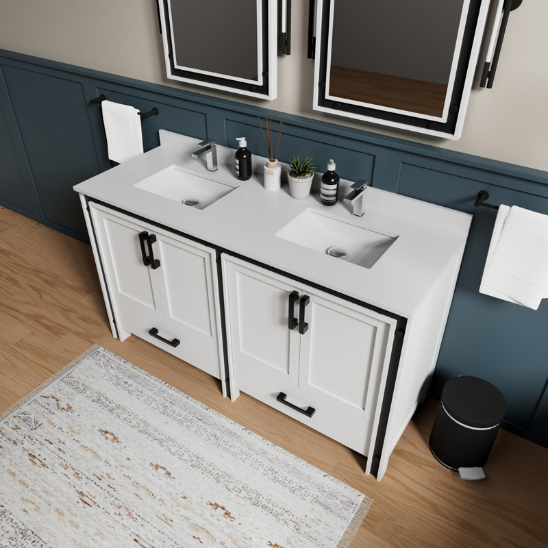 Meuble-lavabo double l 60 po x P 22 po avec comptoir en quartz blanc, Blanc