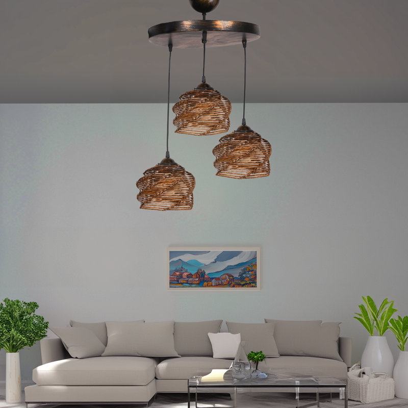 Lustre en bois avec imitation bonnet de bambou Antiquation, 33,9 x 33,9 x 5,9 pouces | Hauteur totale: 33,5 pouces | Certifié CE, 3 x douilles E27 (40 W maximum) | Élégant luminaire pour le salon, la salle à manger et le vestibule