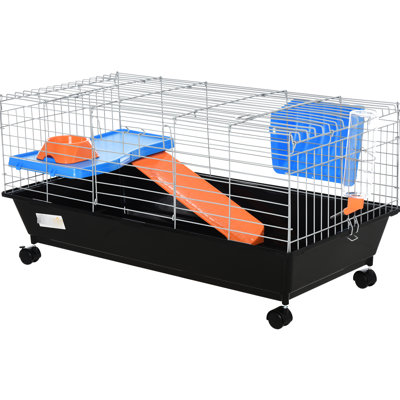 Cage roulante de 89 cm (35 po) pour petits animaux - Cage pour cochon d'Inde, furet et chinchilla avec gamelle, biberon, râtelier à foin, plateforme, rampe, ensemble pour animaux de compagnie noir