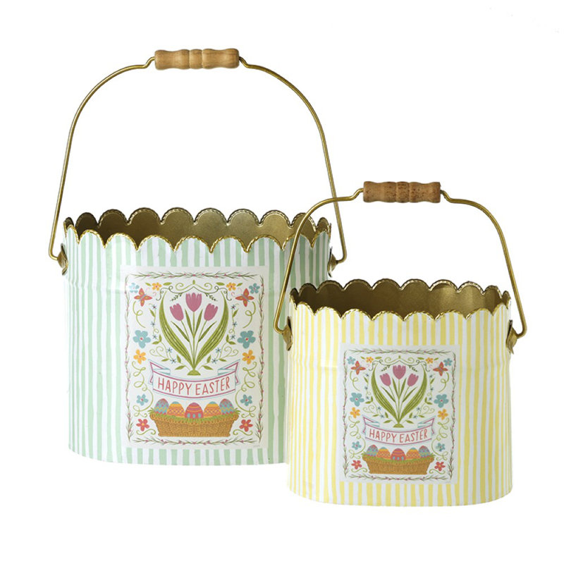 Striped Scallop Edge Metal Buckets Set 2