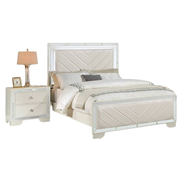 Lit très grand contemporain avec lumières à DEL et similicuir triangulaire crème pour une chambre à coucher moderne
