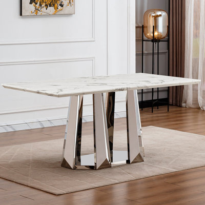 Table de salle à manger en marbre pour 6 personnes, table de salle à manger rectangulaire en faux marbre avec base en acier inoxydable à finition miroir, table de cuisine moderne en marbre de grande taille (table seulement)