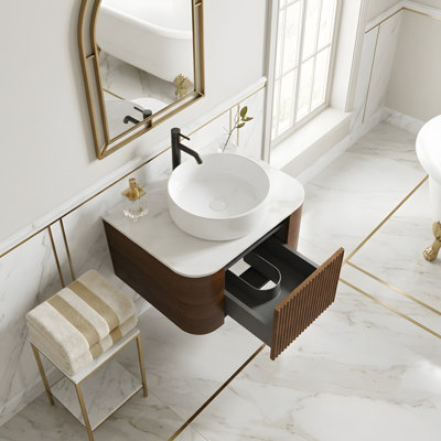 Meuble-lavabo mural de 61 cm (24 pouces) avec lavabo rond blanc rayé et tiroir de rangement