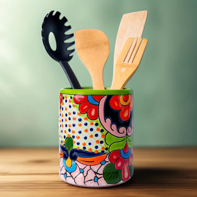 Talavera Utensil Holder Handmade Mexican Spoon Crock Ceramic Kitchen Organizer with Hand-Painted Floral Design