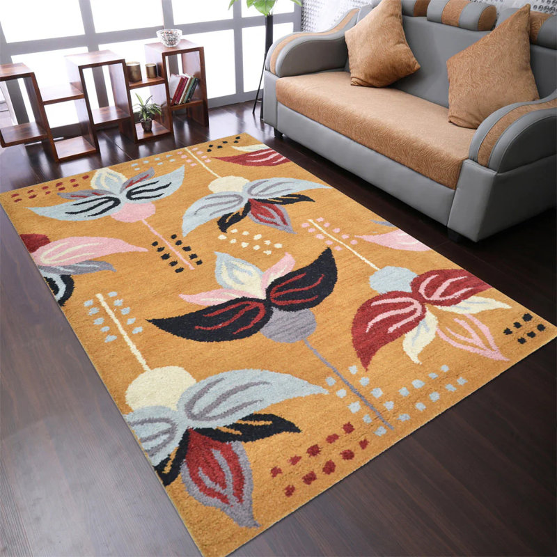 Hand Tufted Wool Eco-Friendly 9x12 Area Rugs - Rectangle, Gold Color, Floral Modern Design, High Pile Thick Handmade Anti Skid Area Rugs for Living Room, Bed Room