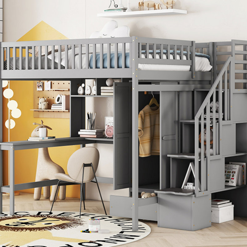 Lit mezzanine double avec bibliothèque, tiroirs, bureau et garde-robe, Gris