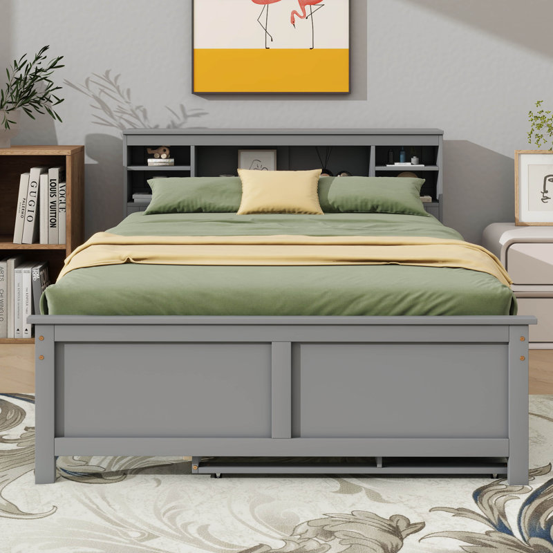 Lit plateforme avec rangement pour tête de lit, ports USB, lit gigogne et trois tiroirs, Gris, Lit double