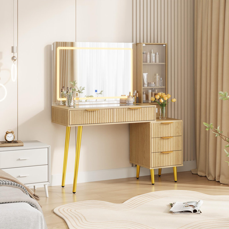 48" Fluted Makeup Vanity Desk with Mirror and Lights, Modern Makeup Table with 36" Lighted Mirror, 3 Color Modes, Vanity Desk with 5 Drawers, Open Shelf, Built-in Outlet, Glass Top Dressing Table