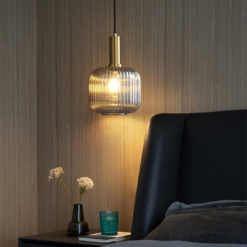 1 - Modern Gold Copper Chandelier Pendant Light – Ribbed Glass Jar Shade, LED Ceiling Light Fixture with E27 Socket, Grey