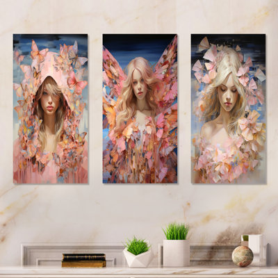 Pink And Blue Butterfly Woman Angel I - Woman Glam Metal Wall Art Prints Set Of 3