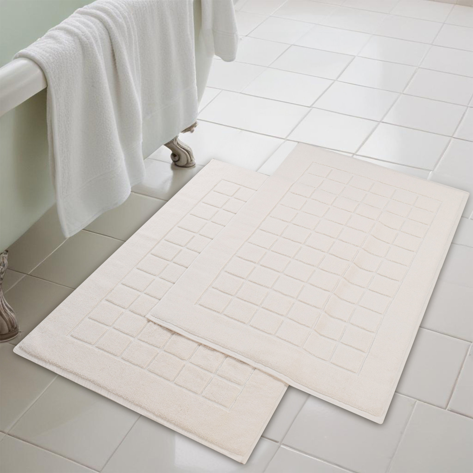 Nora Cotton Terry Solid Absorbent Thick Checkered Washable 2 Piece Bath Mat Set, Cream