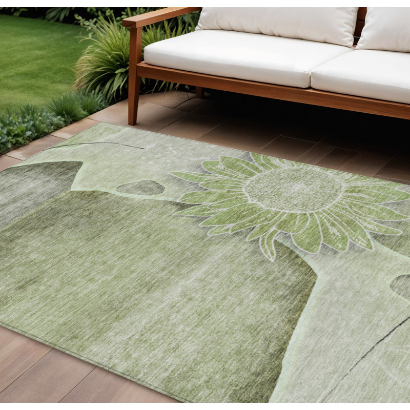 Tapis intérieur / extérieur 10 pi x 14 pi vert et gris à motif d'artichauts lavables