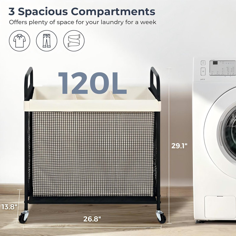 Panier à linge 3 sections, chariot de trieur à linge roulant 120 L avec sac de doublure amovible et lavable