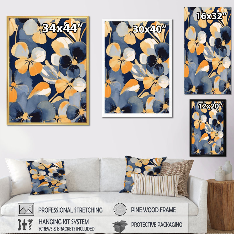 «Black and Yellow Minimalisme Pansies I», reproduction sur toile, H 20 po x l 12 po x P 1 po, Cadre photo blanc