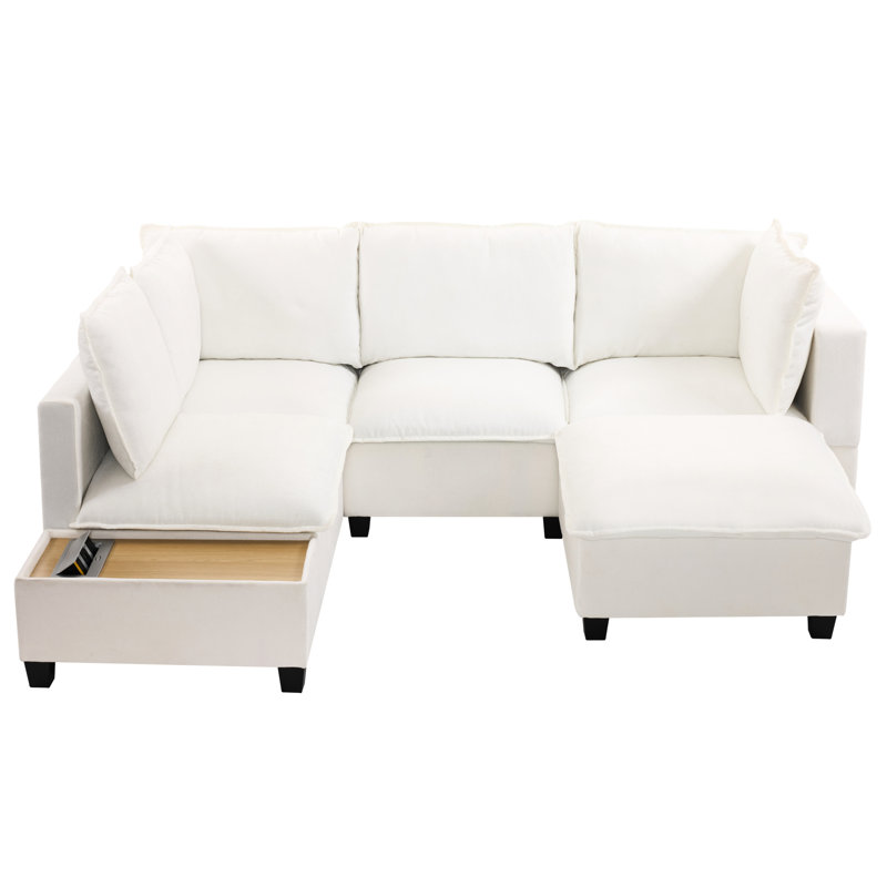 U-Shaped With Movable And Versatile Coffee Table, White - Hidden Charging Access, Cushioned Rest, Framework 90" Sectional Couch Practical Table Built-In Ability, Soft Cushioning Area, Build Guarantee