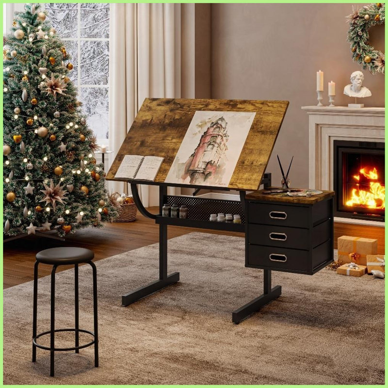 Table à dessin noire avec 3 tiroirs Tabouret, plateau réglable de 0 à 75 ° pour artistes et amp; Artisans