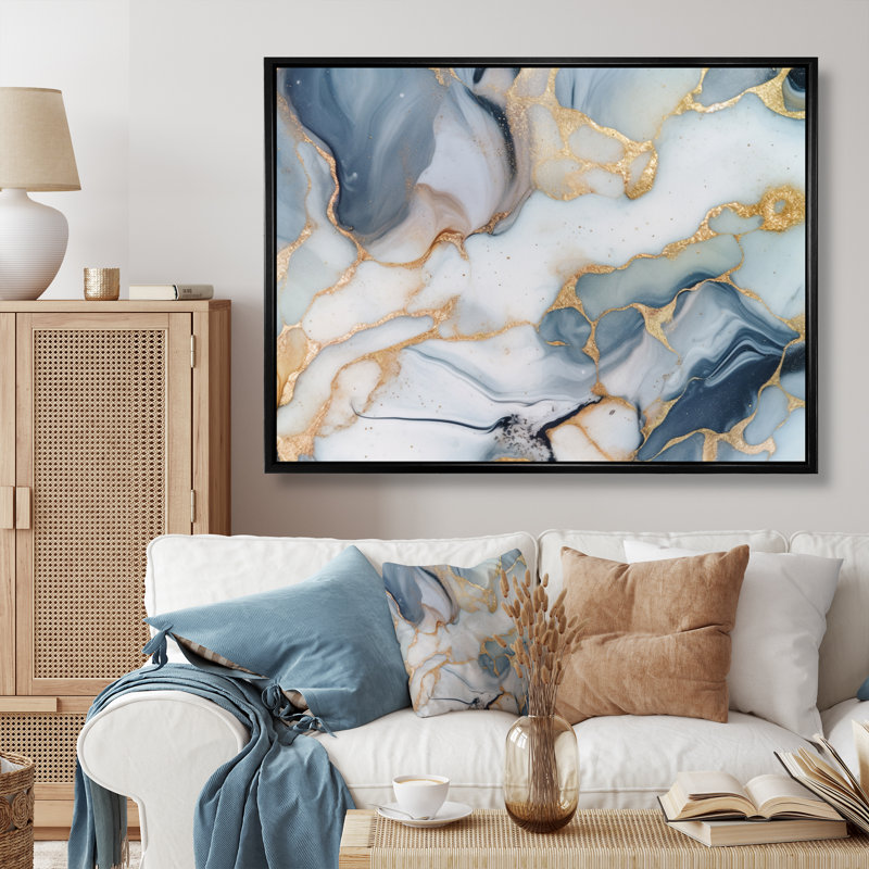 «Gray and Gold Tender liquide», impression sur toile encadrée, Cadre flottant noir, H 12 po x l 20 po x P 1 po