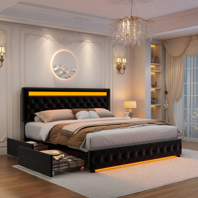 Meliz Modern Upholstered Bed Frame with 4 Bedside Drawers & Smart RGBW LED Lights, No Box Spring Needed, Easy Assembly,, Full