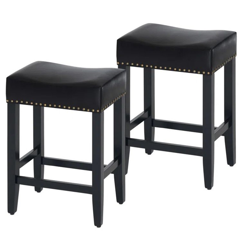 25.75" H Mid-Century Modern Backless Upholstered Counter Stool with Wood Frame, Black PU Leather, Black