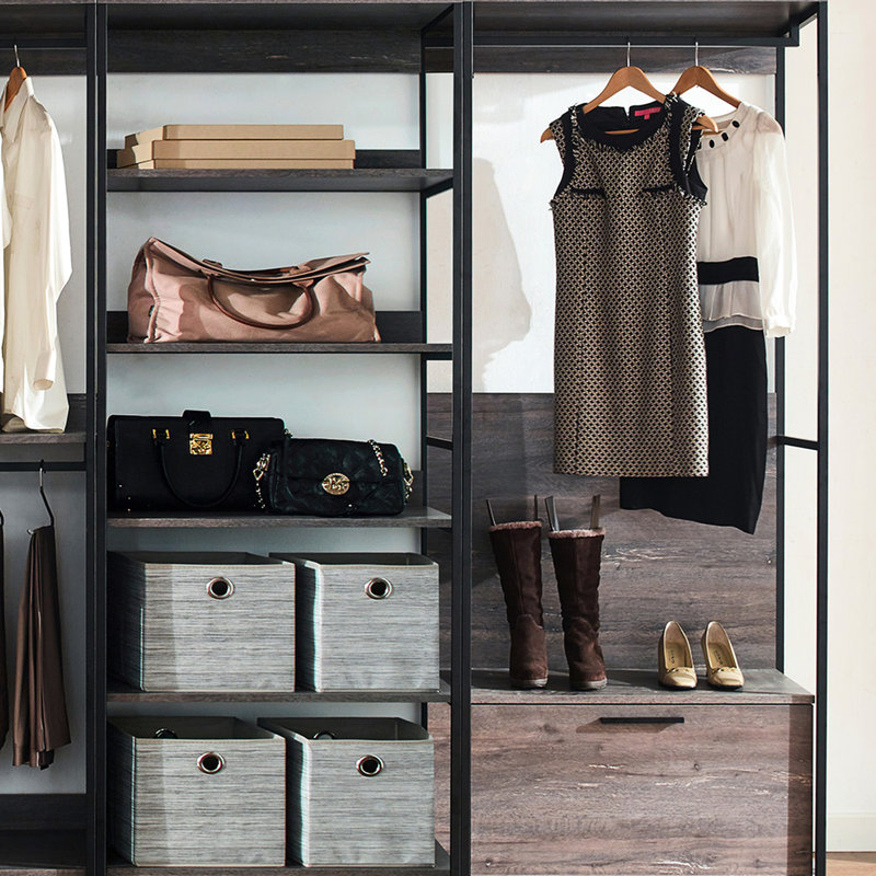 Système de garde-robe modulaire, cadre thermolaqué, espace de rangement très profond, eau et chaleur, planche Stain Scratch E0 rustique avec résistance à l'usure quotidienne et aux déchirures