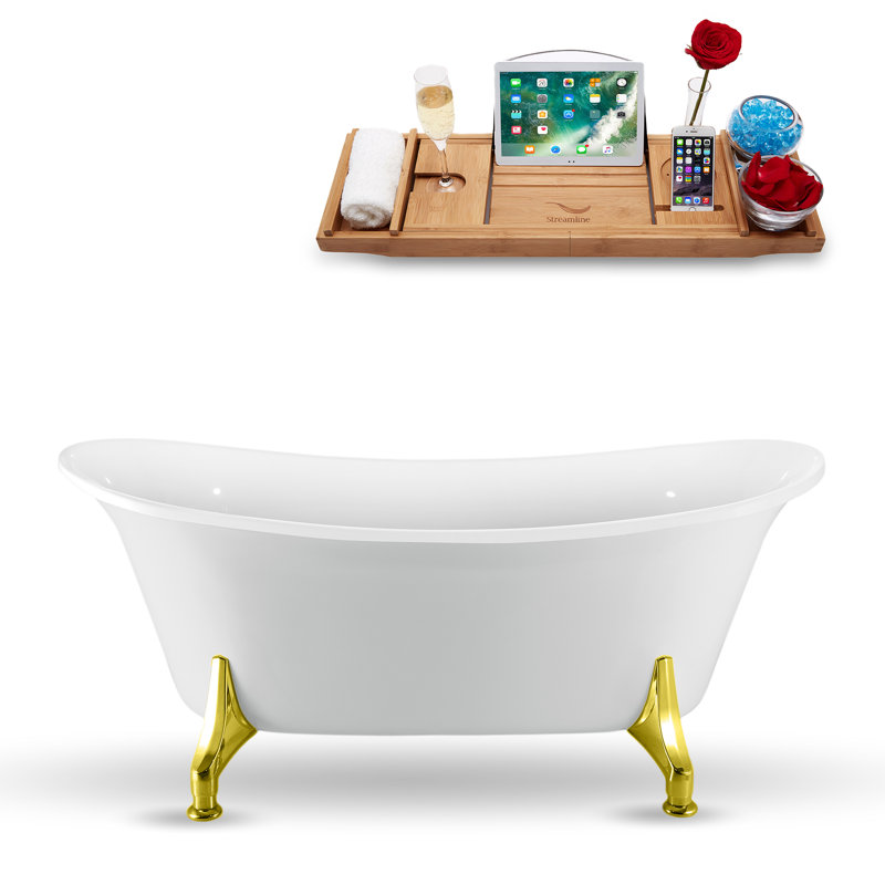 Baignoire de trempage sur pattes 67 "avec drain, pattes et plateau en bambou 67" Streamline, Or poli, Chrome poli
