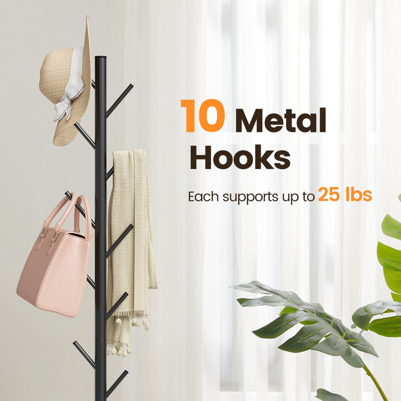 10-Hook Freestanding Adjustable Metal Coat Rack with Marble Base, Black