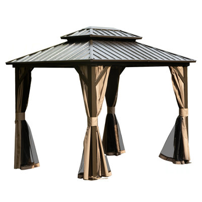 Pavillon de jardin permanent en métal 8 pi x 10 pi avec toit double en acier galvanisé, rideaux et filet pour la fête, le mariage, les repas en plein air, le patio, la cour arrière